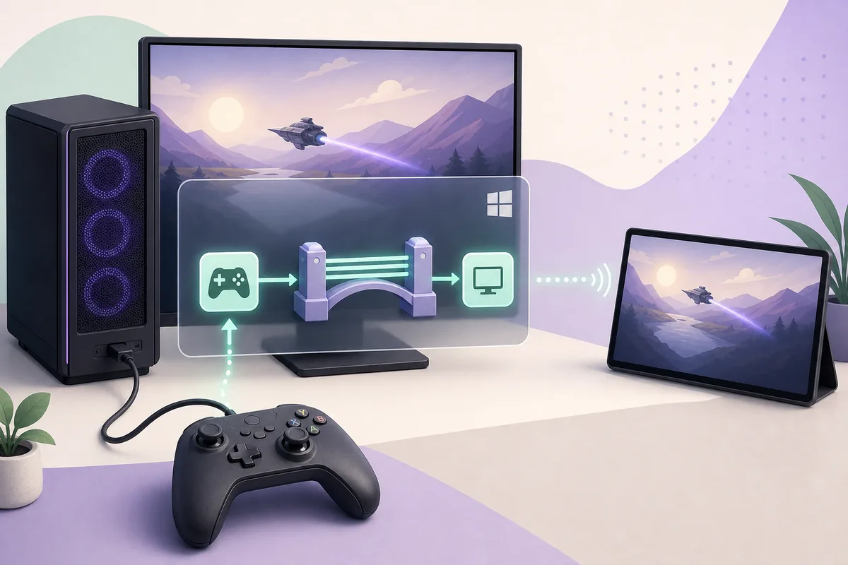 Editorial illustration of Sunshine streaming controller input through a virtual Windows gamepad bus