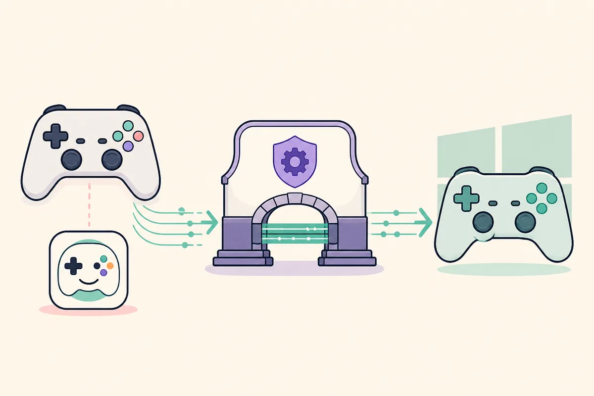 Editorial flow from a controller client through ViGEmBus to a virtual gamepad