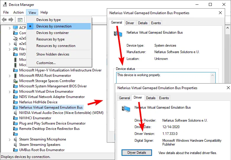 Official Nefarius documentation screenshot showing ViGEmBus in Windows Device Manager