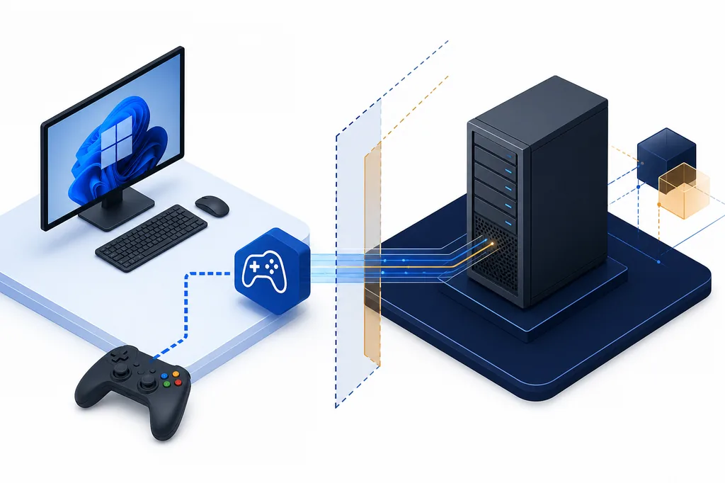 Editorial illustration showing a virtual gamepad driver path separated from a Windows Server environment
