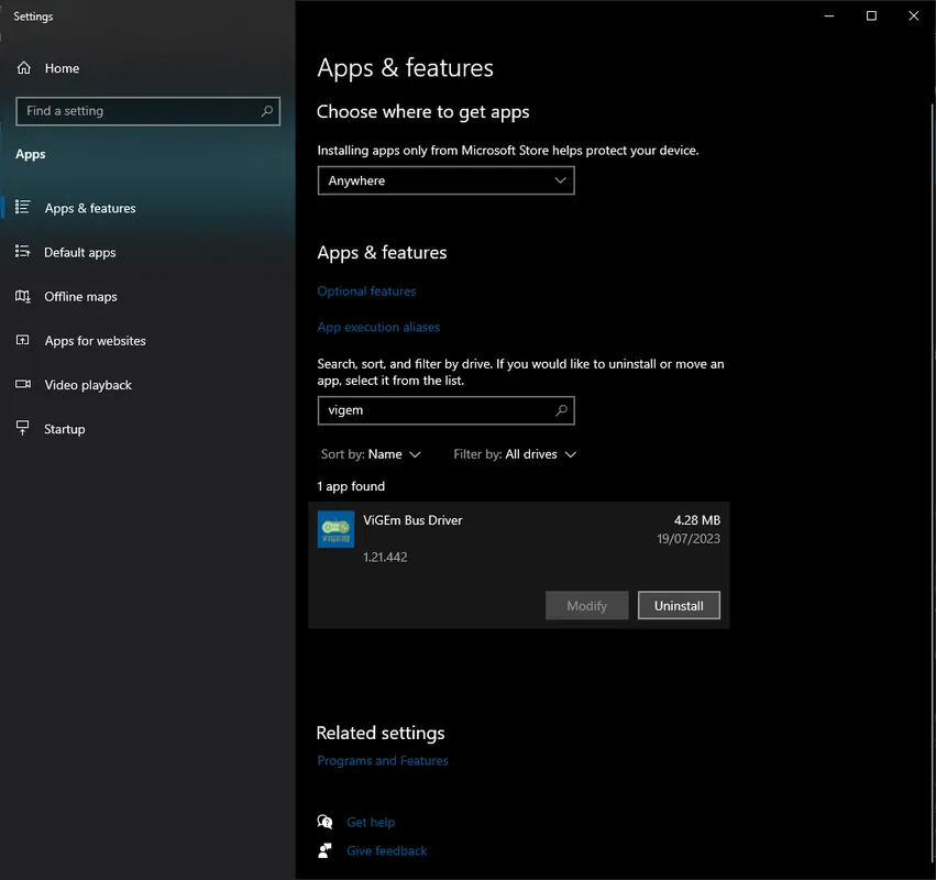 Nefarius Virtual Gamepad Emulation Bus Driver in Windows Apps and Features